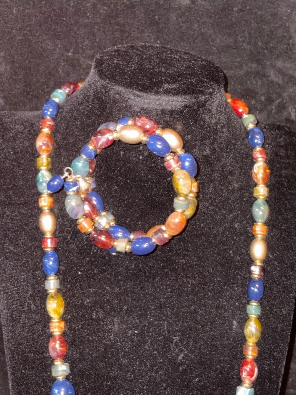 Multicolor Glass Bead Necklace, Earrings & Bracelet Set, Vibrant Blue, Red, Gold